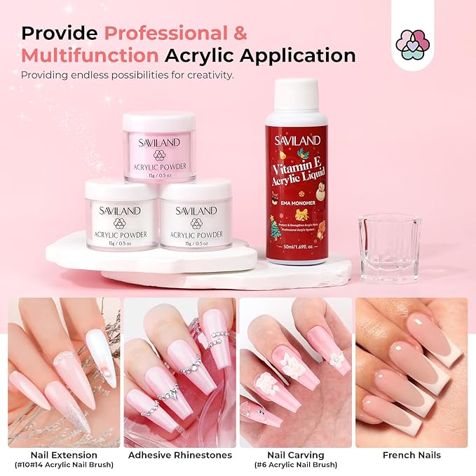 SAVILAND Christmas Acrylic Nail Kit Gift Set: Clear White Pink Acrylic Powder with Nail Drill 50ml Liquid 6 Color Winter Spring Gel Nail Polish Brush for Extension Carving