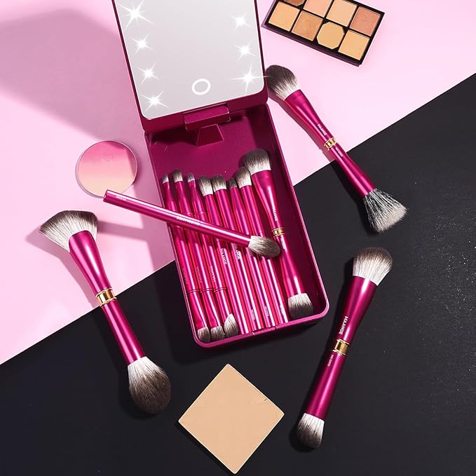 MAANGE 12 Pcs Makeup Brush Set Double-ended Kabuki Brush Travel Makeup Brushes for Foundation Powder Concealers Eye Shadows Makeup Tools Set with LED light Mirror (Pink)