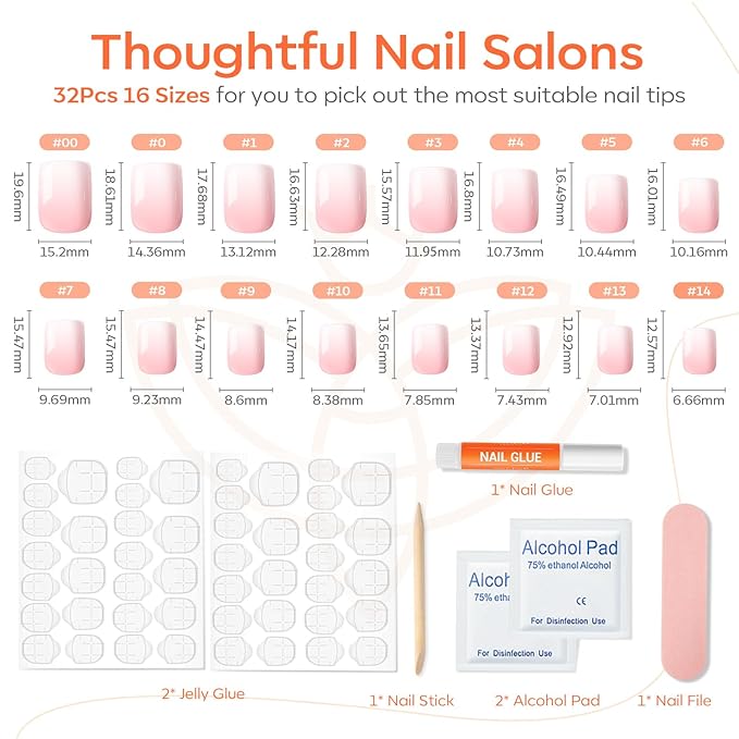 Modelones Pink Ombre Press on Nails, Spring Easter Short Square Fake Nails, Reusable Nail Kit with Nail Glue Adhesive Tabs Mini Nail File, Nails Press Ons 32Pcs 16 Sizes, Women Girl Gift