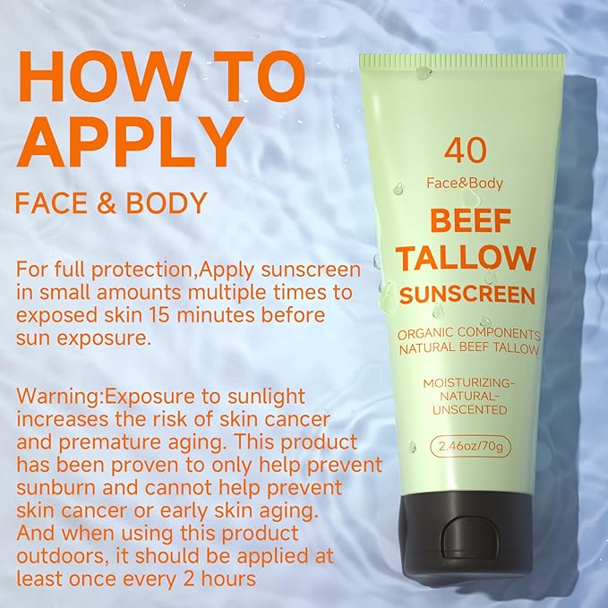 Tallow Sunscreen, Sunscreen for Face, Beef Tallow for Skin, Reef Safe Travel Sunblock Grass-Fed Natural for All Skin Type Deep Hydration Moisturizing Non Greasy Anti White Cast
