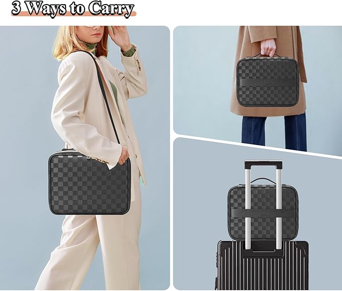 Travel Makeup Bag with LED Mirror - Lighted Makeup Case with 3 Color Setting - Rechargeable Cosmetic Box Organizer for Women - Beauty Tools Accessories Case (Black, Middle)