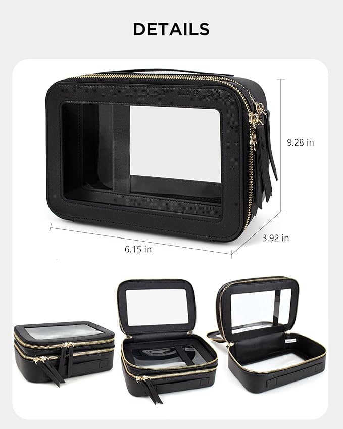 Clear Makeup Bags TSA Approved Toiletry Bag Handle Large Opening,Clear Toiletry Bags for Carry-on Traveling Travel Car Accessories Essentials Organziation Storage for Women Girls(Black, 2Layer)