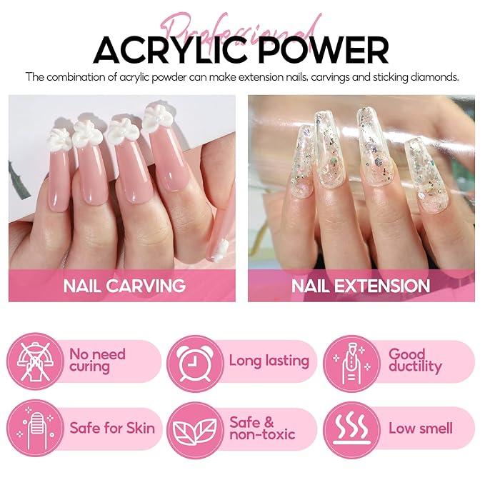 Acrylic Nail Kit for Beginner Professional Nail Kit Acrylic Set with Nail Lamp 12Pcs Glitter Powder Nail Art Rhinestones Base Top Coat 100PCs Nail Tip Nail Tools DIY Home Salon