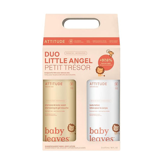 ATTITUDE Baby 2-in-1 Shampoo & Body Wash and Baby Lotion Set, EWG Verified, Dermatologically Tested Soap and Moisturizing Cream, Vegan, Pear Nectar, 16 Fl Oz each