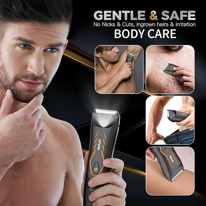 Men Hair Removal Shavers,Electric Safe Blade Waterproof Groin Hair Trimmer Male Painless Wet Quiet Hygiene Razor with Standing Charging Dock Orange