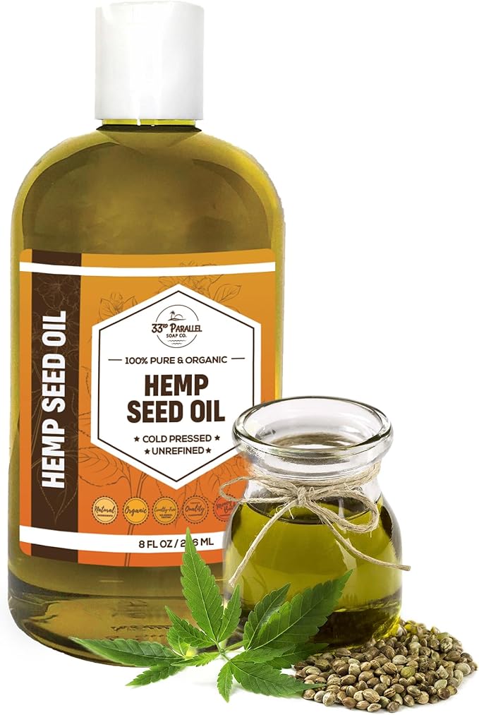 Organic Hemp Seed Oil (8 oz) Premium Cold Pressed Unrefined | 100% Pure Hemp Seed Oil for Skin, Face, Hair, Soap Making, Massage | Carrier for Essential Oils | Available in Bulk | 8 FL OZ