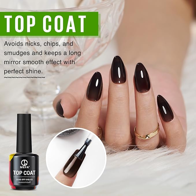 MEFA 2 Pcs 15ml Gel Top Coat and Base Coat Set, No Wipe Gel Nail Polish Base and Top Coat, Long Lasting Glossy Shine Effect Soak Off LED Nail Lamp Art DIY Manicure Holiday Gifts