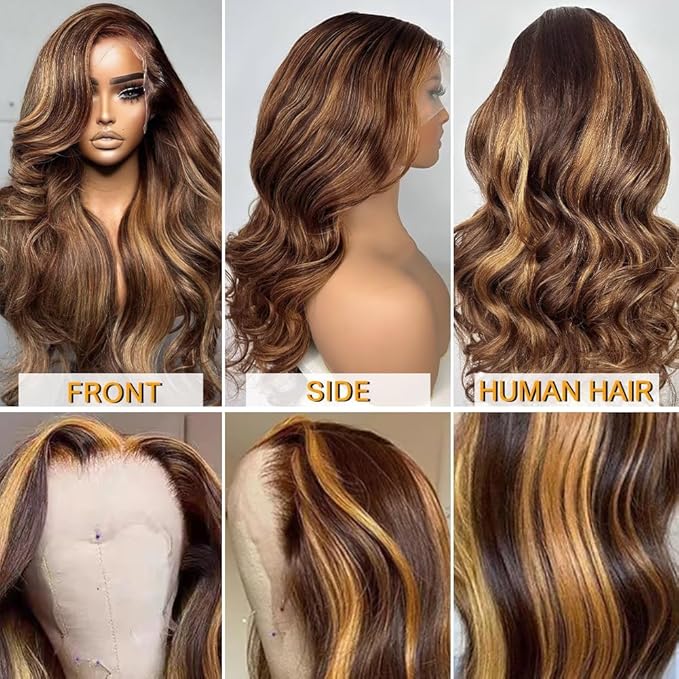 Azkiu Highlight Ombre Lace Front Wig Human Hair 13x4 HD 4/27 Honey Blonde lace frontal Wigs Pre Plucked with Baby Hair 150% Density Colored Body Wave Lace Front wig Human Hair Natural Hairline 14Inch