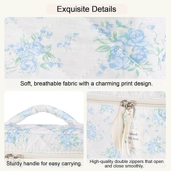 3Pcs Cotton Quilted Makeup Bag for Women Girls, Large Floral Cosmetic Bag Set Cute Makeup Brushes Aesthetic Accessories Storage Bag Blue Rose Flower Travel Toiletry Bag Organizer