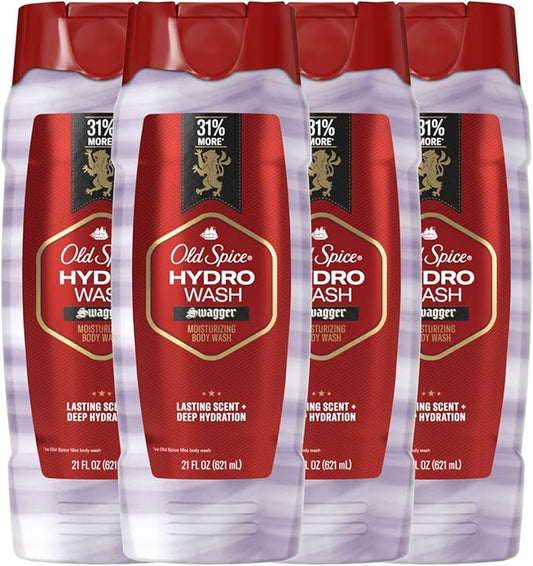 Old Spice Moisturizing Body Wash for Men, Hydro Wash, 2-in-1 Long Lasting Scent & Deep Hydration, 24/7 Shower Fresh, Swagger Scent, 21 oz (Pack of 4)