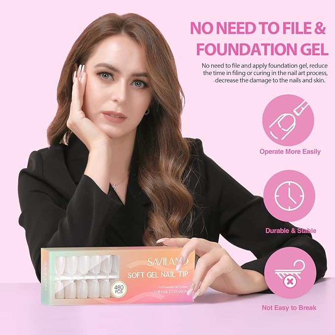 Saviland Soft Nail Gel Nail Tips - 480PCS Short Coffin Full Cover Nail Tips 15 Sizes Matte False Nail Tips Acrylic Nail Tips No Files for Valentine Gift Nail Extensions Nail Art Home DIY