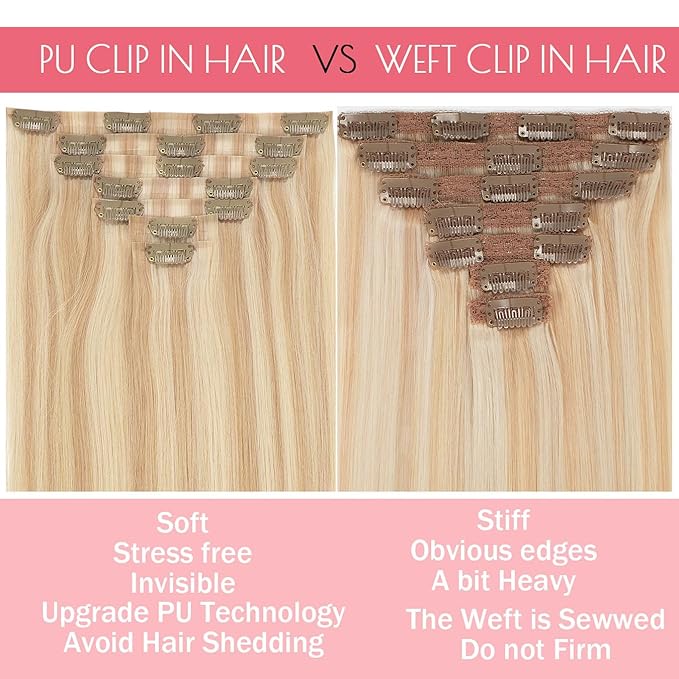 Clip in Hair Extensions 100% Remy Human Hair New Technology PU Weft Seamless Hair Extensions Natural Straight Light Golden Brown Mixed With Platinum Blonde Piano #12/60A 14inch 110gram 7pcs