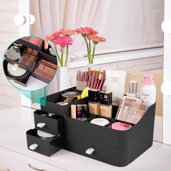 Makeup Organizer for Vanity, Large Countertop Organizer with Drawers, Cosmetics Storage for Skin Care, Brushes, Eyeshadow, Lotions, Lipstick,Nail Polish.Great for Dresser, Bathroom, Bedroom, Black