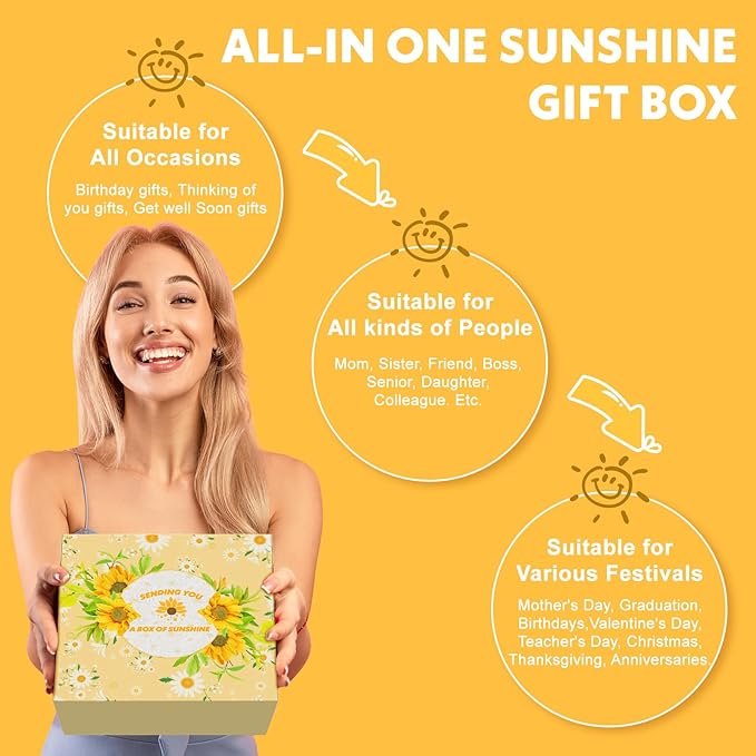 Sunflower Gifts for Women, Get Well Soon Gift Basket for Women,15pc Care Package Feel Better Gift, Surgery Wellness Kit, Thinking of You Sunshine Birthday Box for Her Mom Friend Coworkers Teacher Wife
