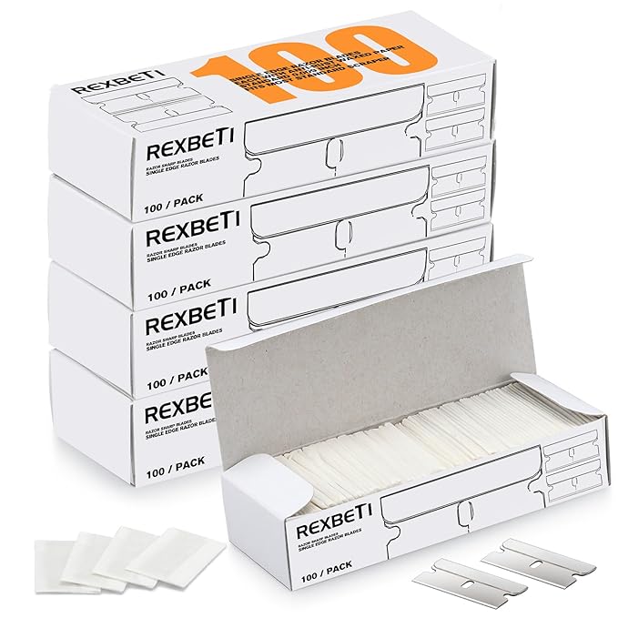 REXBETI 400PCS Single Edge Razor Blades, Industrial Scraper Razor Blades, One Edge Razor Blade, Replacement Box Cutter Blades, Suitable for Removing Labels, Decals, Stickers