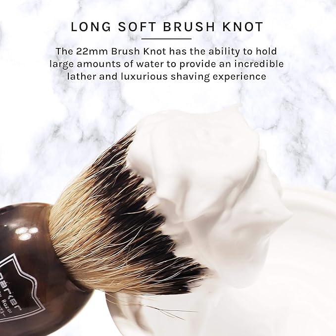Parker Silvertip Badger Shaving Brush-Faux Horn Handle with a Chrome Base, Long Loft Dense Bristles- Men's Badger Shaving Brush with Stand Included