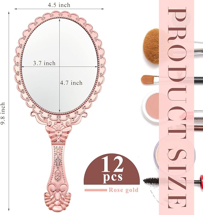 Qunclay 12 Pcs Vintage Handheld Mirror, 9.8" L x 4.5" W Small Rose Gold Embossed Portable Princess Mirror for Classroom Kids Princess Party Favors Travel