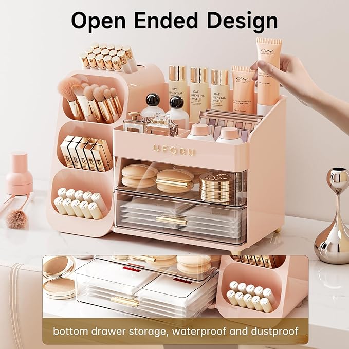 Makeup Organizer for Vanity, Countertop Organizer With Drawers, Spacious Cosmetic Display Case for Beauty Essential, Skincare, Lipstick, Pink