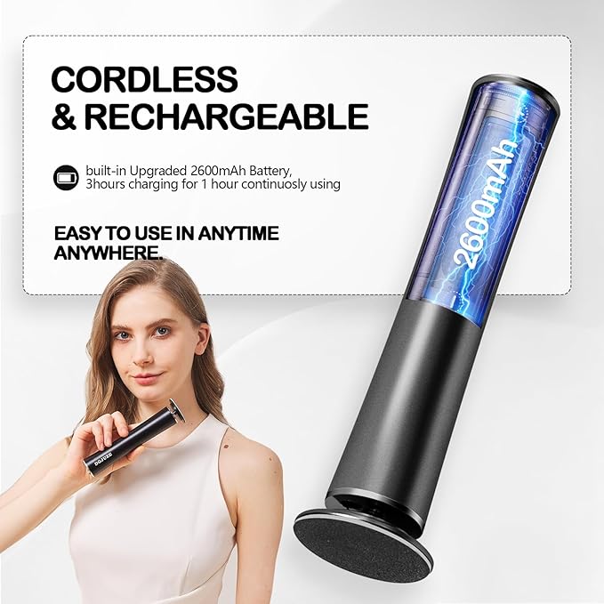 Rechargeable Metal Electric Foot File Callus Remover, Grinder Tool for Feet Dead Skin Professional Pedicure Wand Heel Scraper with 60pcs Replacement Sandpaper Discs (Black)