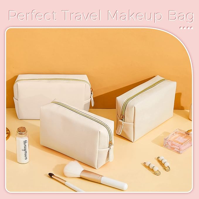 8 Pcs Makeup Bag Pu Leather Cosmetic Pouch Waterproof Small Toiletry Bag Portable Cosmetic Organizer Water Resistant Storage Purse for Lady Women Daily Storage Travel Organizer (Beige,Medium)