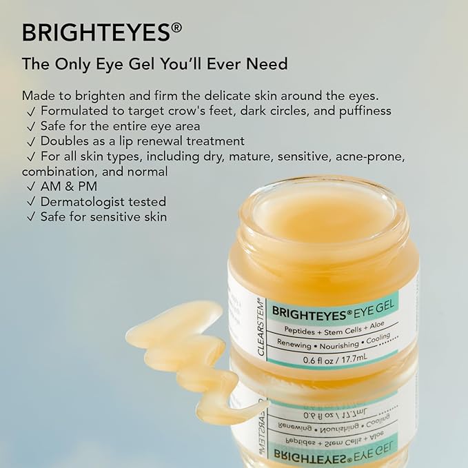CLEARSTEM - BRIGHTEYES - Nourishing Eye Gel - For Puffy Eyes, Crow's Feet, & Dark Circles - Made with Collagen, Stem Cells, Peptides & Aloe Vera - Vegan - Gluten Free - Men & Women - 0.6 oz