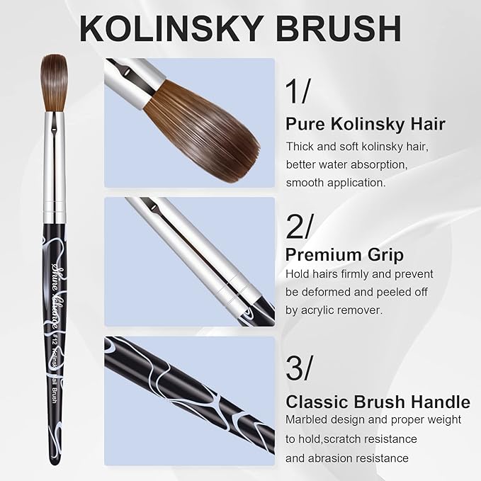 Acrylic Nail Art Brush Size 12, 100% Pure Kolinsky Hair Oval for Application, Professional Extension Manicure Tool Striping Drawing Pen DIY Home Salon, Black, 1.0 Count