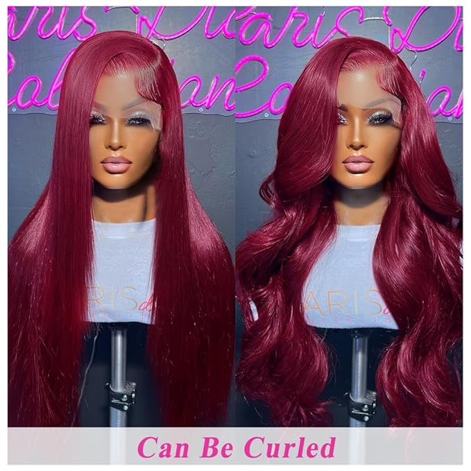 99j Burgundy Lace Front Wigs Human Hair 13x4 HD Frontal Lace Red Straight Wig Pre Plucked Bleached Knots with Baby Hair 150% Density Brazilian Virgin Glueless Wigs for Women Burgundy Lace Front 22inch
