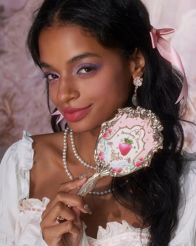 Flower Knows Strawberry Rococo Hand Mirror,Portable Vintage Handheld Mirror,Durable Metal Mirror,Cute & Aesthetic Princess Mirror,with Long Handle for Easy Holding,Gift for Girls(Soft Pink)