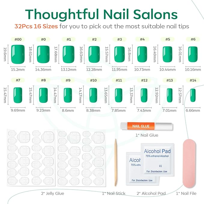 Modelones Green Press on Nails, Spring Easter Short Square Fake Nails, Summer Spring Reusable Nail Kit with Nail Glue Adhesive Tabs Mini Nail File, Nails Press Ons 32Pcs16 Sizes, Women Girl Gift