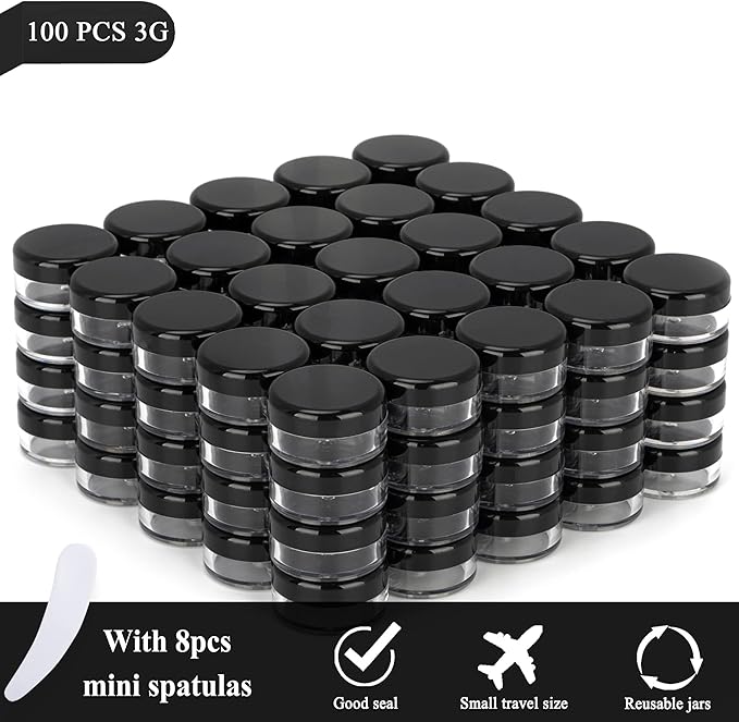100PCS 3 Gram Sample Containers, 3ml Empty Jars with Lids, Small Cosmetic Containers, Mini Sample Jars with 8PCS Mini Spatulas for Make Up, Oils, Lotion, Powder, Paint, Jewelry, Lip Balms(Black Lid)