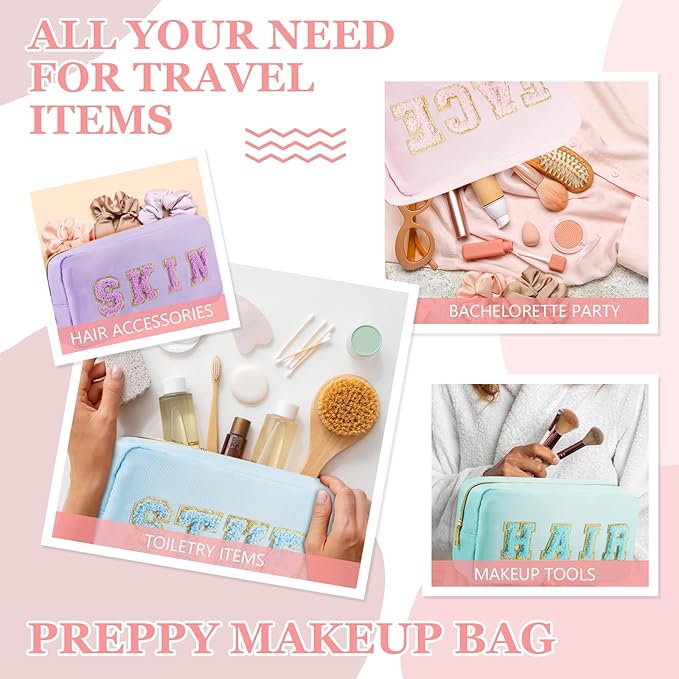 4 Pcs Travel Toiletry Bags for Women Preppy Makeup Bags Organizer Face Skin Hair Stuff Chenille Letter Pouch with Zipper Aesthetic Waterproof Skin care Hair Bag for Women Gifts