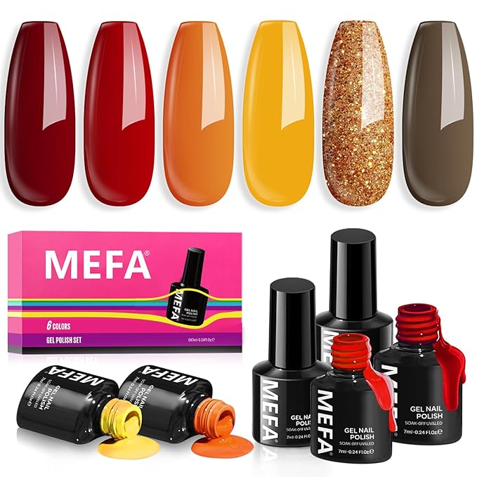MEFA 6 Colors Gel Nail Polish Set, Shades Orange Red Brown Glitter Yellow Soak Off Gel Polish Spring Summer Tones Nail Art Design Salon Home Manicure Kit Gifts