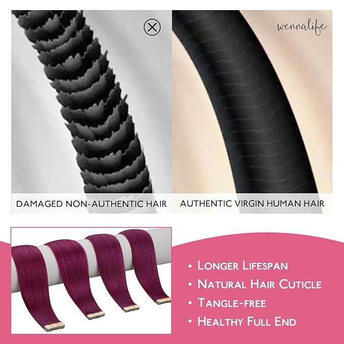WENNALIFE Tape in Hair Extensions Human Hair Light Burgundy Tape in Extensions, 10pcs 30g 22 inch Remy Invisible Tape Ins Straight Colored Soft Real Human Hair Tape in Extensions Refill Set Extensions