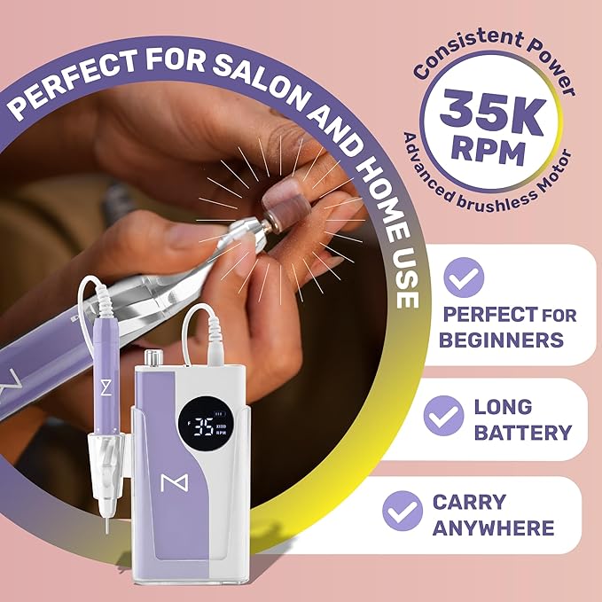 M - Ying Yang Brushless Nail Drill - Gift for Her - 35K RPM Wireless Powerhouse, 85w, Aluminum Alloy Shell, Ultra Quiet Operation for Smooth Precision Nail Art (White)