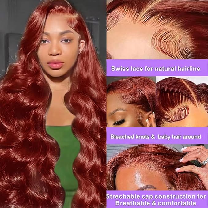20 Inch Reddish Brown Lace Front Wigs Human Hair 13x6 Body Wave Lace Front Wig 180% Density 33# Lace Frontal Wigs Human Hair Pre Plucked with Baby Hair for Women Auburn Brown Human Hair