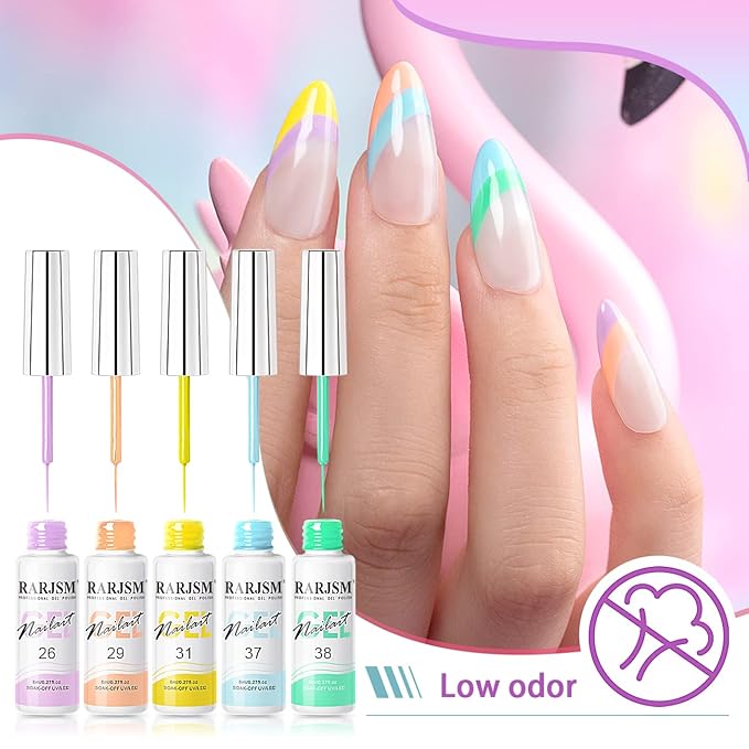 RARJSM Nail Art Gel Liner 24 Color Line Art Painted Gel Nail Polish Set Pink Blue Green Silver Gold Glitter for Nails Painting Drawing Soak Off UV LED Curing Requires Bulid in Thin Nail Art Brush