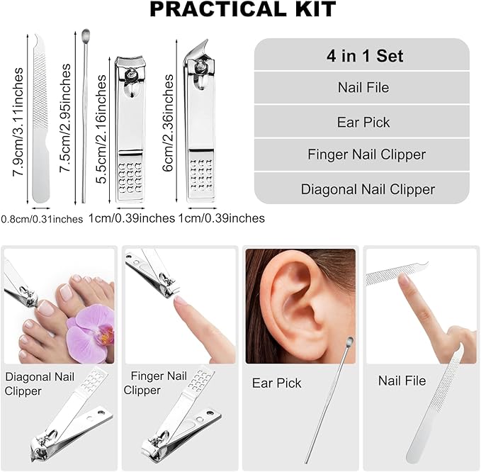 100 Sets Finger Nail Clipper Set Bulk,4 in 1 Black Adult Stainless Steel Travel Manicure Kit with Case Individually Wrapped Nail Clippers Bulk for Homeless,Hotel,Charity