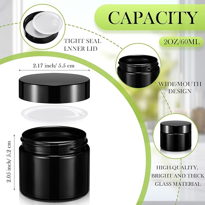 Domensi 32 Pcs 2 oz Glass Jars with Lids Travel Size Round Leakproof Empty Cosmetic Jars with Inner Liners Lid for Storing Makeup Lotions Face Cream Ointments Candle DIY Making(Black)
