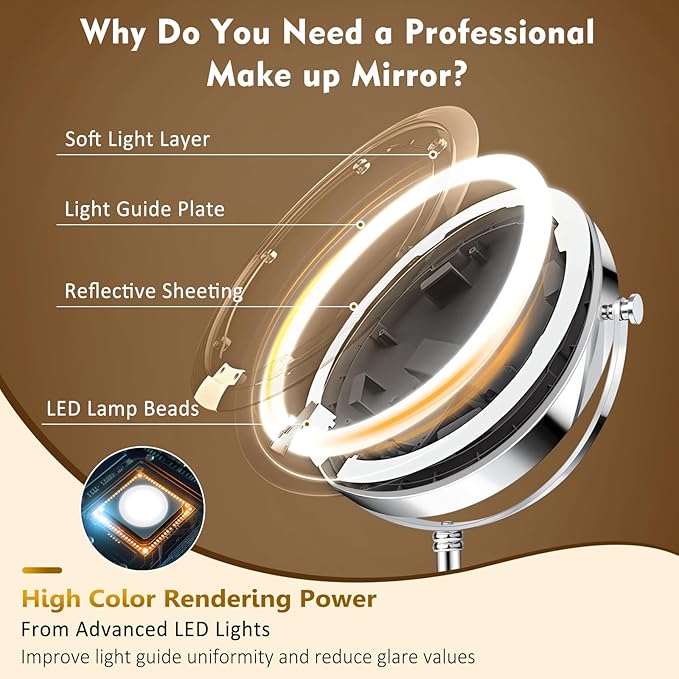 8" Lighted Makeup Mirror,1X/10X 4000mAh Rechargeable Double Sided HD Magnifying Mirror with 3 Colors Stepless Dimming,360°Rotation Touch Screen Vanity Mirror with Memory Function,Women Gift