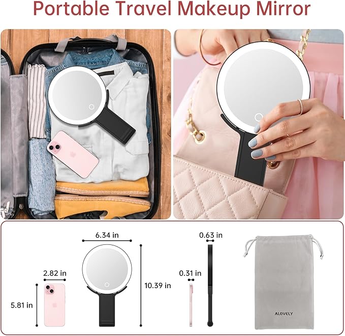 Alovely Travel Makeup Mirror with Lights, Portable Mirror 2-Sided 10X /1X Magnifying Mirror with Light, Travel Mirror with Lights and Magnification, 3 Color Lighting, Dimmable Touch Screen Handhold