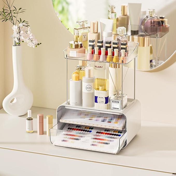 Delamu Bathroom Counter Organizer 2-Drawers 2-Tier Acrylic Makeup Organizer for Vanity Countertop, Skincare Perfume Storage, Easy Assembly, Ideal Gift for Women Clear