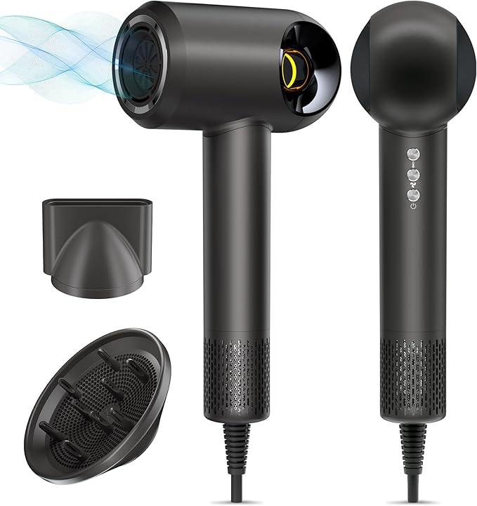 Hair Dryer, High-Speed Ionic Low Noise Blow Dryer with Diffuser for Fast Drying, Professional 500 Millions Negative Ionic Thermo-Control Hairdryer, Travel with Magnetic Diffuser & Nozzle