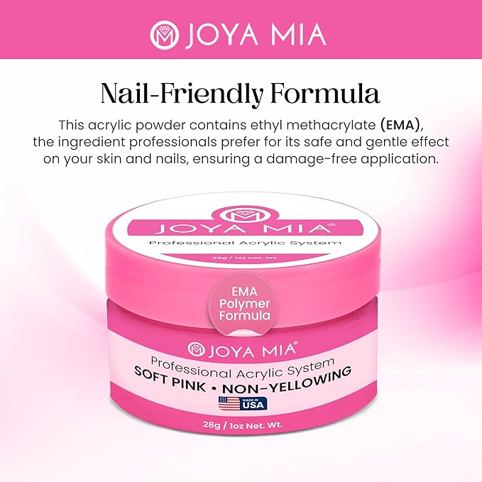 Joya Mia Acrylic Powder for Nails, MMA-Free, Super Adhesion Professional Powder for Flawless & Long-Lasting Nail Enhancements, Easy Application, Vibrant & Stunning Colors - Soft Pink, 1 oz