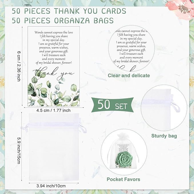 50 Sets Bridal Shower Party Favors for Guests Small Rose Compact Mirror Bulk Wedding Favors Thank You Cards and Organza Bags Wedding Party Guests Souvenir Gift (Green)