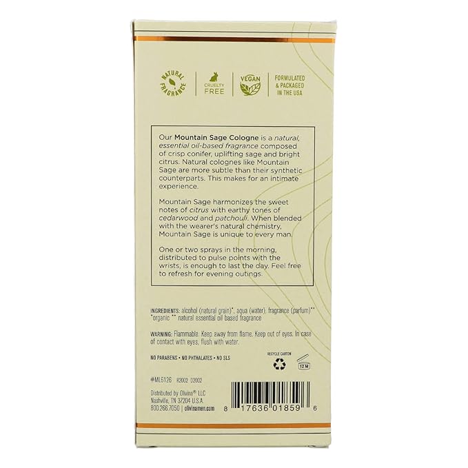 Barrel and Oak - Natural Fragrance Cologne for Men, Eau de Cologne, Essential Oil-Based Scent, Cedar & Patchouli Blend, Subtle Earthy Fragrance, Paraben Free, Vegan (Mountain Sage, 2.7 oz)