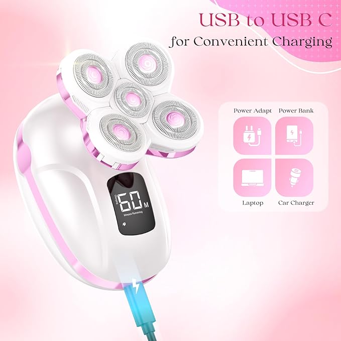 Electric Razors for Women, Rechargeable Rotary Painless Shaver for Legs Bikini Facial Hair Removal, Body Wet/Dry Razor Water Resistant Grooming Kit, Cordless Womens Trimmer for Lady Grooming (Pink)