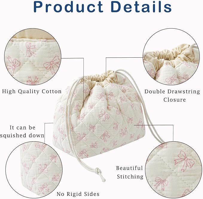 Cotton Quilted Drawstring Makeup Bag with Canvas Lining,Coquette Aesthetic Cute Travel Toiletry Bag,Drawstring Gift Bag for Women and Girls（12White Small Bow）