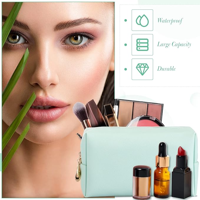 Sanwuta 9 Pcs Preppy Makeup Bag PU Leather Cosmetic Bag Makeup Pouch Plain Waterproof Toiletry Organizers for Traveling Preppy Travel Purse End of the Year Teacher Gifts Bulk(Mint Green)
