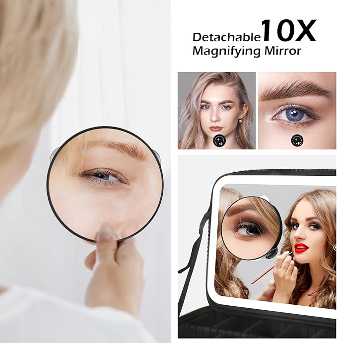 MOMIRA Travel Makeup Bag Cosmetic Bag Makeup Organizer Bag with Lighted Mirror, Adjustable Brightness in 3 Color Scenarios, Waterproof Makeup Train Case, Gift for Women - Khaki (Large)