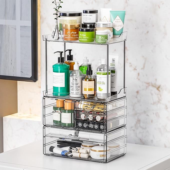 3 Tier 6-Drawer Bathroom Counter Organizer Shelf - Stackable Design - 18.9" Tall Large Cosmetic Organizer Suitable as Makeup,Beauty,Face Product,Lotion,Skincare Organizer,Clear